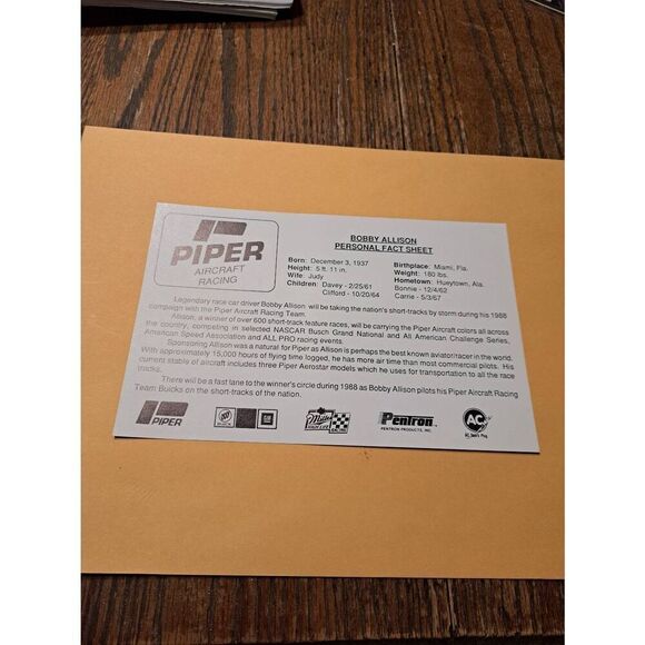 1980s Bobby Allison Fact Sheet Piper Racing Buick #12 Miller High Life NASCAR - Picture 2 of 2